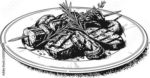 Grilled meat skewers with herbs on a plate in a classic engraving style