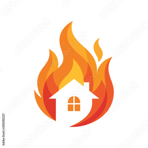 A graphic representation of a house engulfed in flames symbolizes fire hazards and the urgency of fire safety awareness, emphasizing the importance of preparedness for emergencies.