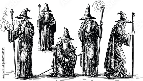 Group of five wizards in flowing robes and pointed hats holding staffs during a magical gathering with arcane energy