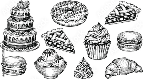Hand drawn assortment of sweet baked goods and desserts in a line against a white background