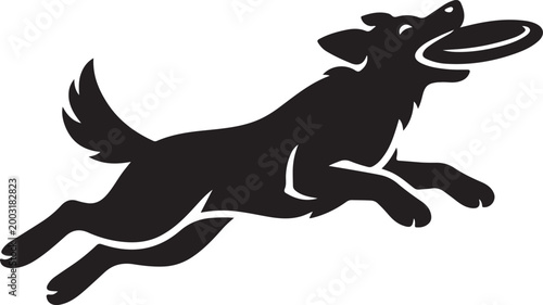 Energetic dog jumping to catch a frisbee icon illustrating playtime and agility with energetic outdoors recreation