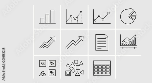 Collection of various business and financial data visualization charts and graphs, including bar charts, line graphs, pie charts, and a calculator icon