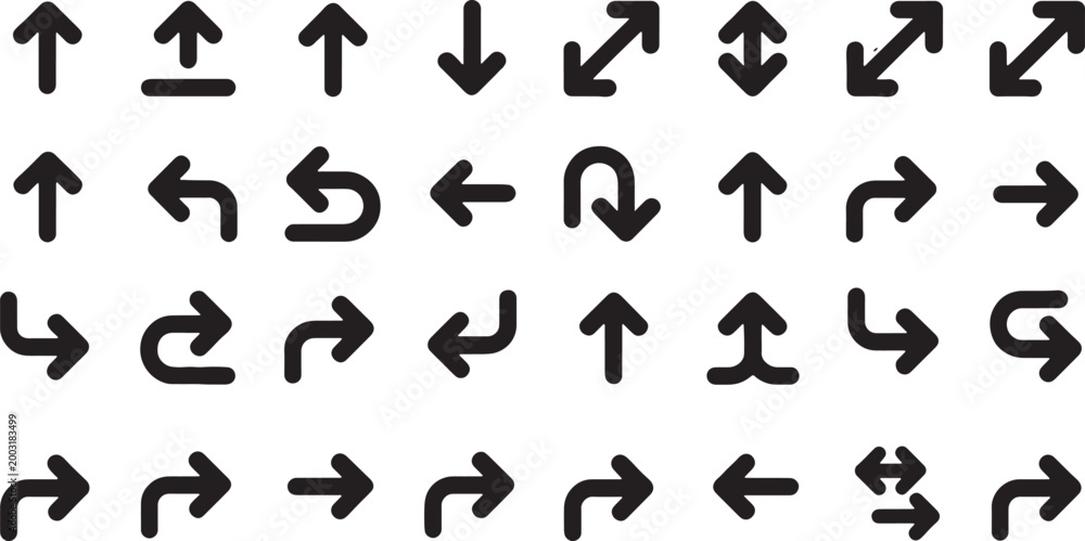 Fototapeta premium Black arrow icons set showing various directions and turns for navigation user interface and design. Vector Illustration