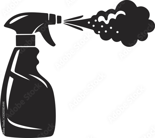 Silhouette of a spray bottle releasing a cloud of spray with cleaning supply black and white chemical substance