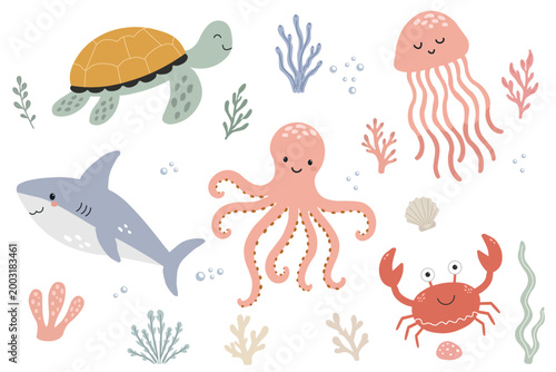 Quadro su tela Set of marine animals featuring sea turtle jellyfish shark octopus and crab with