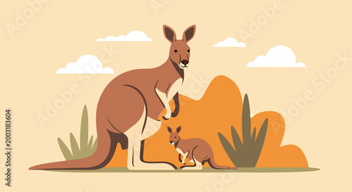 Tableau sur toile A mother kangaroo and her joey in a desert landscape