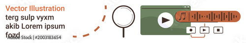 Music streaming, content discovery, audio search, media analysis, online platforms, digital tools. Magnifying glass, media player sound wave and control buttons presented. Music streaming