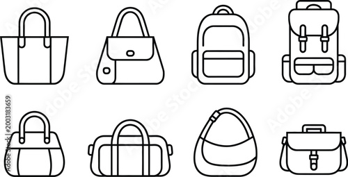 Handbag backpack icon featuring fashion and travel concept in simple vector design with multiple styles and clear outline