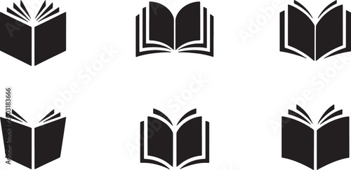 Set of open book icons in silhouette style for education or knowledge concepts on grey.