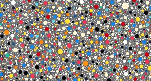 Full Frame Seamless Terrazzo Pattern with Dense Vibrant Colorful Dots and Circles in Red Yellow Blue and White on Dark Grey Speckled Background, Modern Abstract Mosaic Vector Illustration