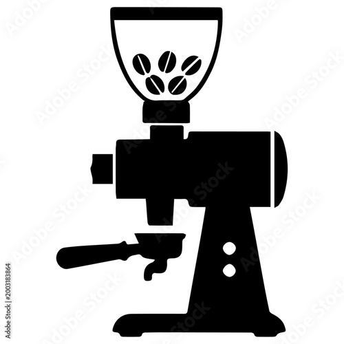Coffee grinder silhouette icon for espresso brewing, vector illustration of a professional coffee mill with portafilter isolated on white background