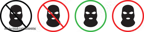 No balaclava or face mask entry sign, forbidden criminal mask icon set, vector safety symbol.