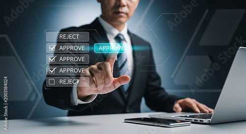 A businessman in a suit uses a futuristic digital interface to approve and reject applications or documents on a laptop, illustrating efficient decision making and workflow automation 