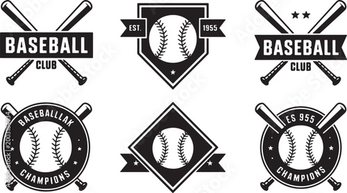 Baseball emblems with crossed bats and balls vintage design elements on checkered background. Vector Illustration