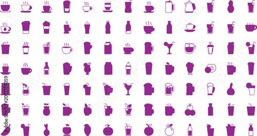 Extensive set of purple beverage and coffee arranged in a grid on a white background set