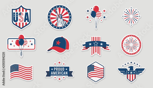 Collection of USA patriotic badges and stickers for independence day celebration