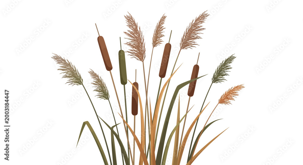 Fototapeta premium A serene landscape of cattails and grass swaying gently in nature
