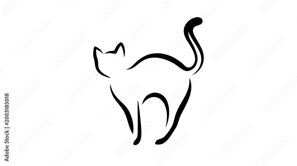 Obraz premium Minimalist black line art cat silhouette with raised tail – elegant hand-drawn style vector icon
