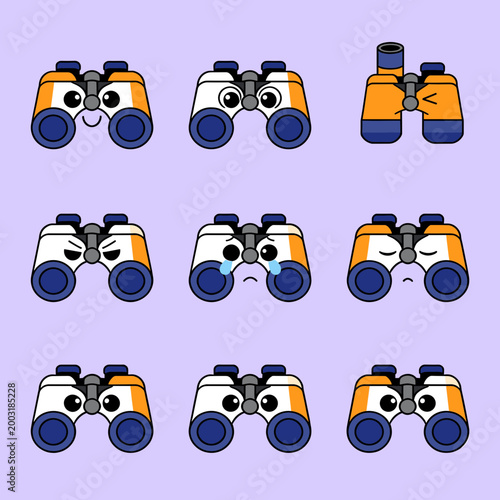 Cute Binoculars Emoji Collection with Various Emotions, Kawaii Optical Tool Characters for Bird Watching and Exploration Design Vector Graphics