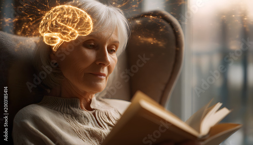 As an elderly woman reads a book, a hologram of her brain appears, which is beneficial for active aging, cognitive health, memory improvement, and brain fitness.