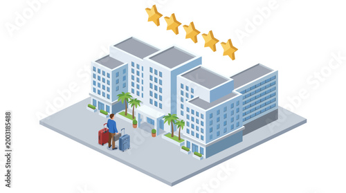 An upscale hotel complex is depicted with travelers arriving, showcasing luxury, comfort, and the promise of exceptional experiences in a serene, pleasing setting designed for relaxation.