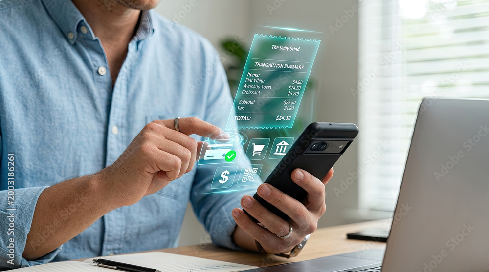 Fototapeta premium Man using smartphone for online shopping with holographic interface.