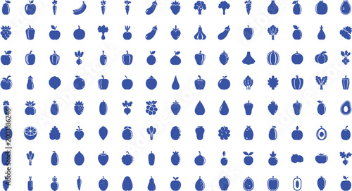 Large collection of blue fruit and vegetable arranged in a grid on a white background set