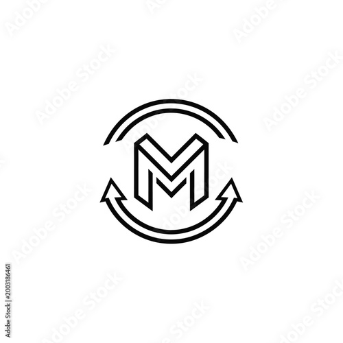 Circular letter m monogram with curved arrows on a white background