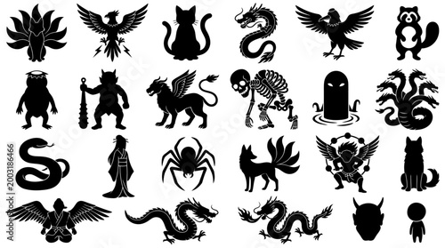 Diverse collection of mythological creatures and fantasy monsters in striking silhouette form, ideal for digital design