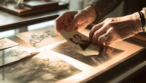 Hands carefully arrange old photos on the scanner bed. The person digitizes vintage paper prints, preserving history. Modern technology captures past images for a digital archive.