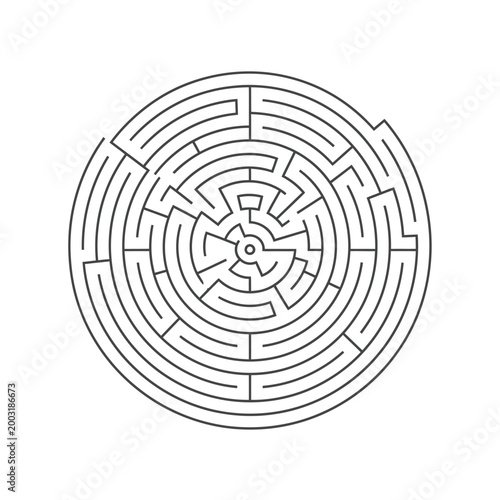 Circular maze puzzle with black lines on a white background