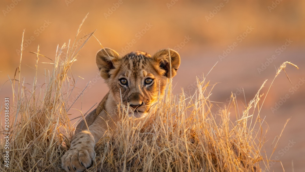 Obraz premium Curious Lion Cub Peeking in Golden Grass