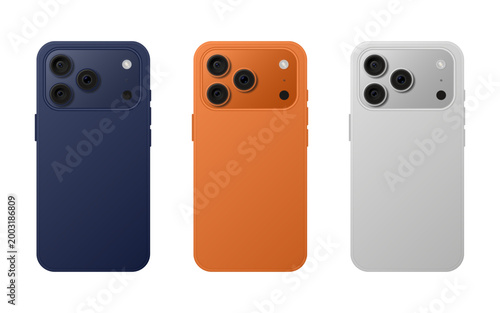 Mockup of a phone back side. Smartphone case. 3D mobile phone. Cell phone. Dark blue, orange, and white phones