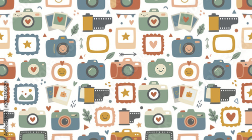 Cute Retro Cameras and Photo Elements Seamless Pattern, Flat Style