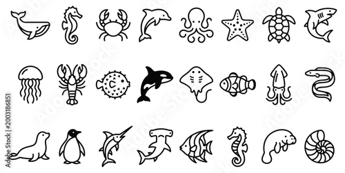 Diverse marine life silhouette icons collection, featuring various aquatic animals and sea creatures in a clean vector style