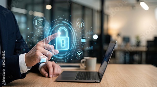 Businessman touching virtual padlock for data security and privacy protection.