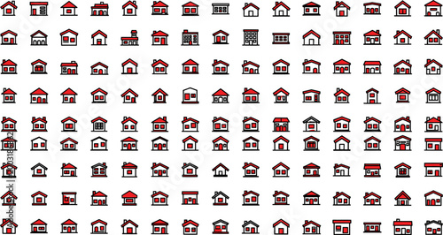 Large collection of small house with red roofs and black outlines on white background
