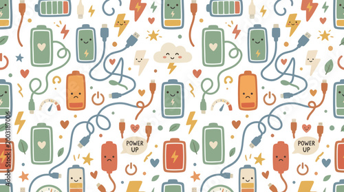 Cute Battery Characters and Charging Cables Seamless Pattern, Technology Vector