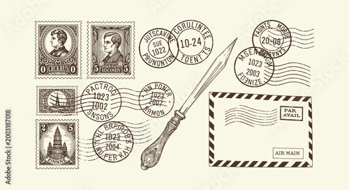 Принти на полотні Vintage Postal Collection with Stamps Postmarks Letter Opener and Envelope Sketc