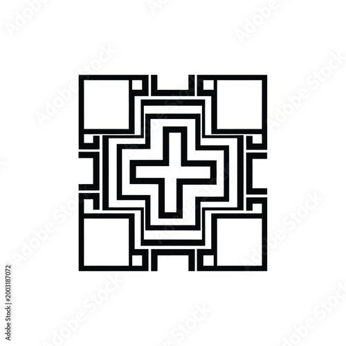 Geometric square with a central cross and symmetrical border patterns in black and white