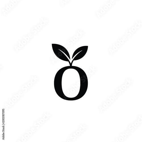 Minimalist letter o featuring two green leaves sprouting from the of the letter