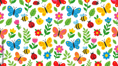 Cute Cartoon Spring Garden Seamless Pattern with Butterflies, Bees, Ladybugs, Flowers and Leaves