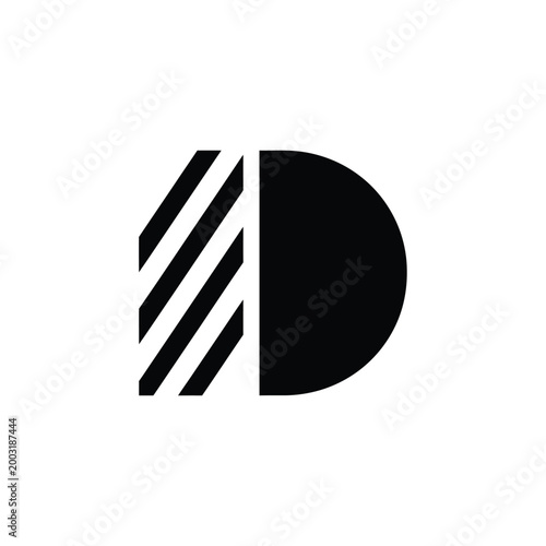 Minimalist letter d with diagonal striped pattern on a white background