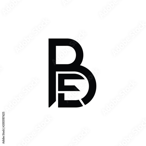 Interlocking letters b and e monogram in black on white background