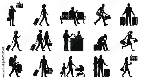 Airport Travel Passengers Silhouette Vector Glyphs Set with Luggage, Check-in, and Waiting