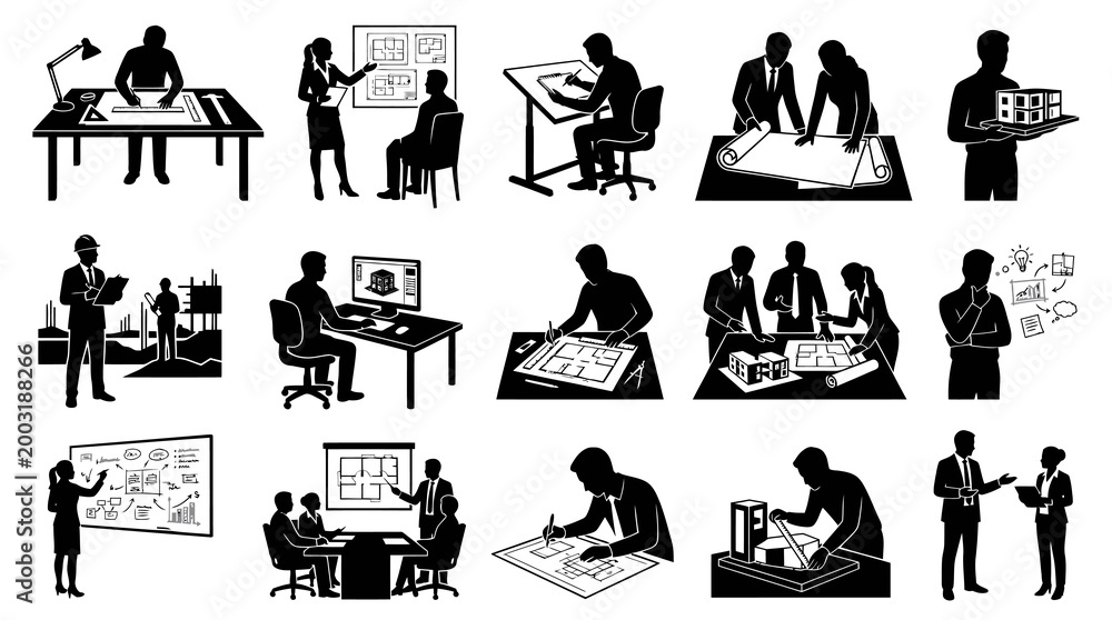 Fototapeta premium Black and White Icons of Architects and Engineers Working