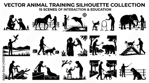 Vector Animal Training Silhouette Collection: Human-Animal Interaction  Education Scenes