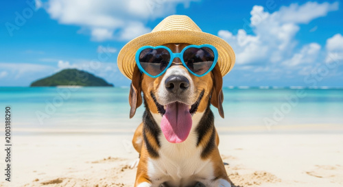 Happy Dog Beach Vacation Summer Holiday Beagle Sunglasses Straw Hat Tropical Paradise Seascape Ocean Sand Relaxation Travel Tourism Cute