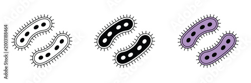 Bacteria virus icon in line art black and purple styles representing germs for biology research healthcare hygiene and infection control