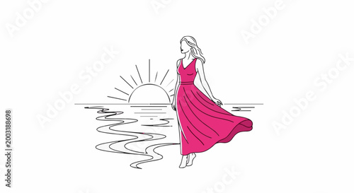 Woman in flowing pink dress stands by water at sunset, looking away